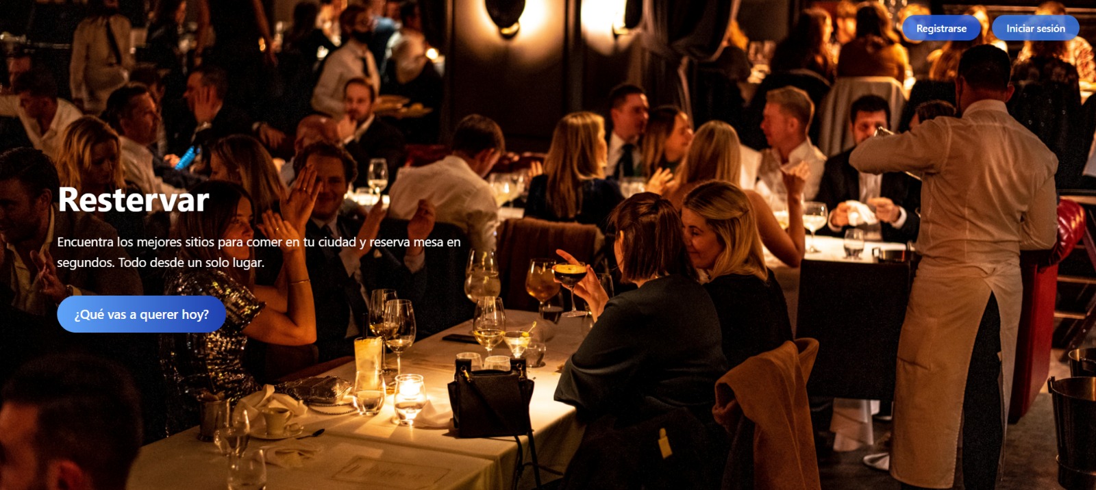 Restervar landing page hero section with dark restaurant ambiance and call to action button